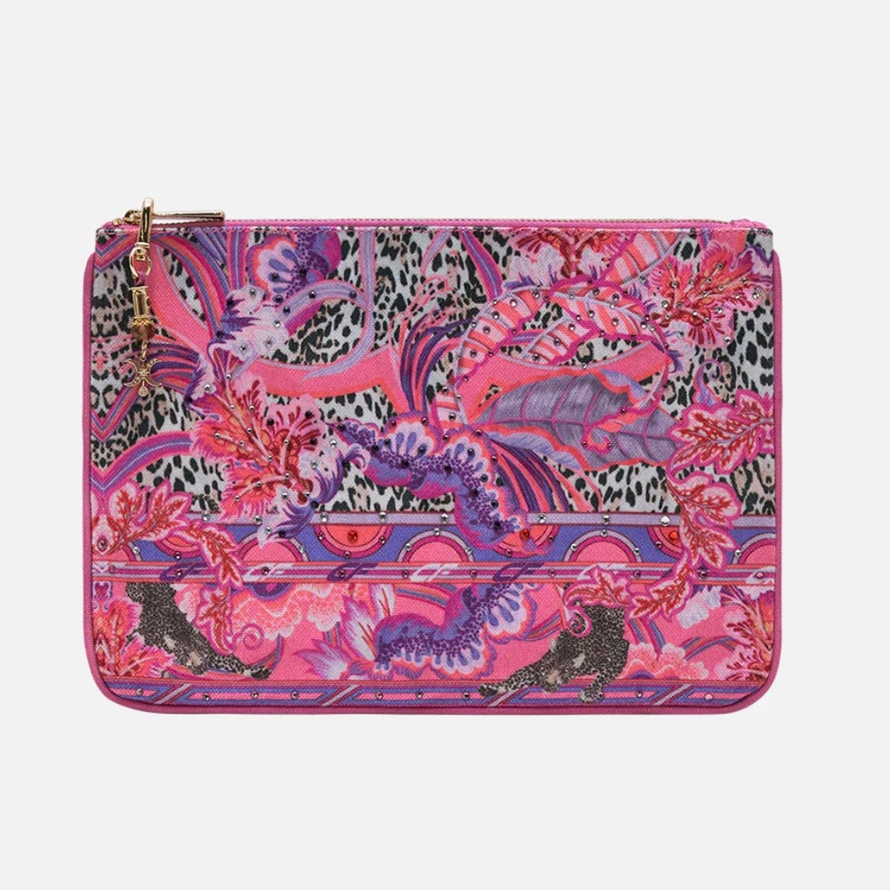 CAMILLA Viola Vintage pink floral animal print canvas clutch bag purse pouch sac